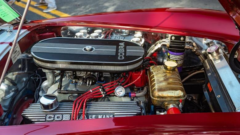 Polished V8 engine bay in the E&E Automotive shop