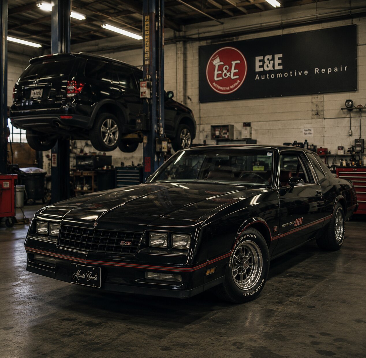A black Chevrolet Monte Carlo SS in the E&E Automotive shop